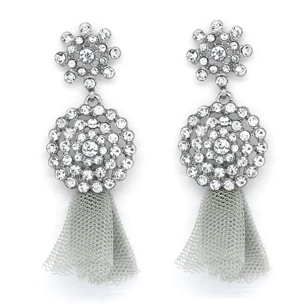Silver Tone Crystal & Mesh Drop Earrings