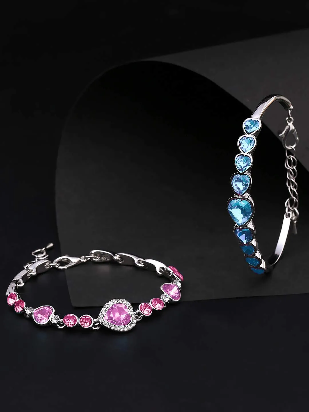 Yellow Chimes Combo Bracelets for Women 2 PCs Valentines Special Blue Pink Crystal Love Heart Charm Bracelet for Women and Girls.